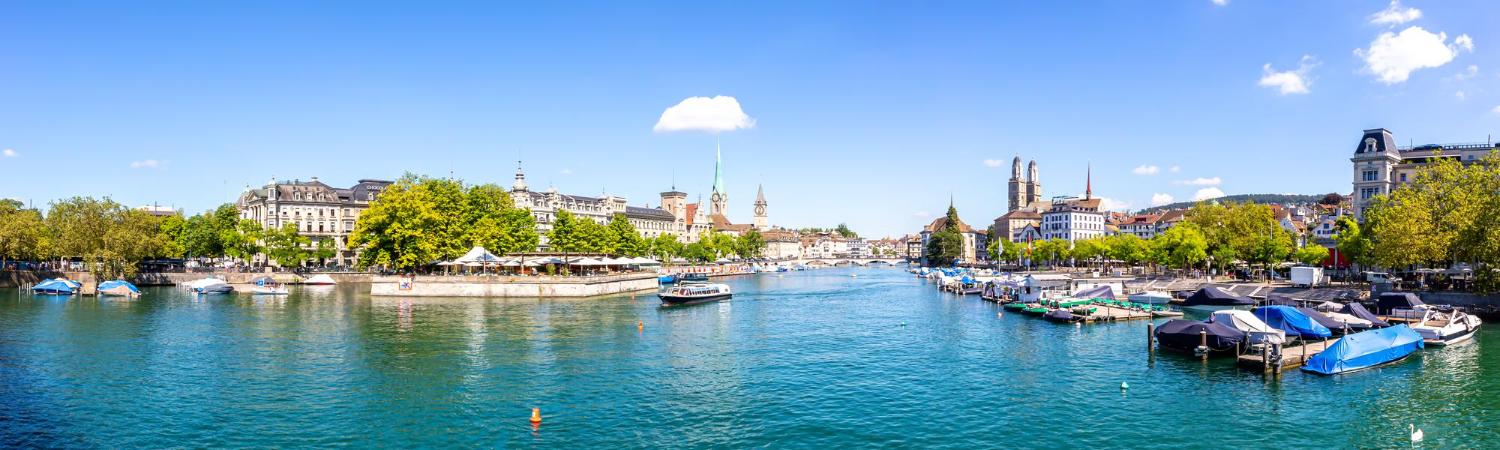 Zurich skyline city at Linth river panorama traveling in Switzerland